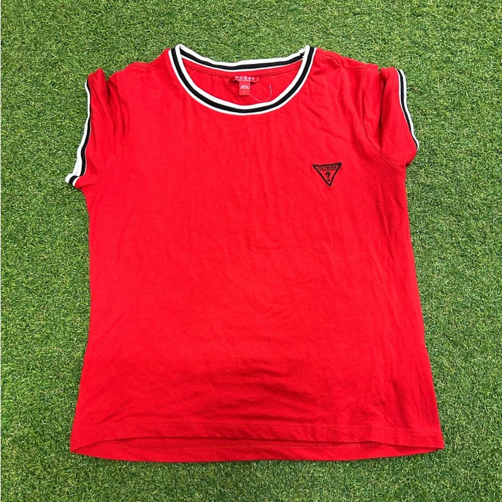 Guess Los Angeles Red Short Sleeve Logo Tee Shirt Womens Large Striped Trim